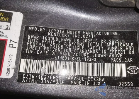 2014 Toyota Camry Hybrid Se Limited Edition from USA, damaged, VIN 4T1BD1FK3EU119393